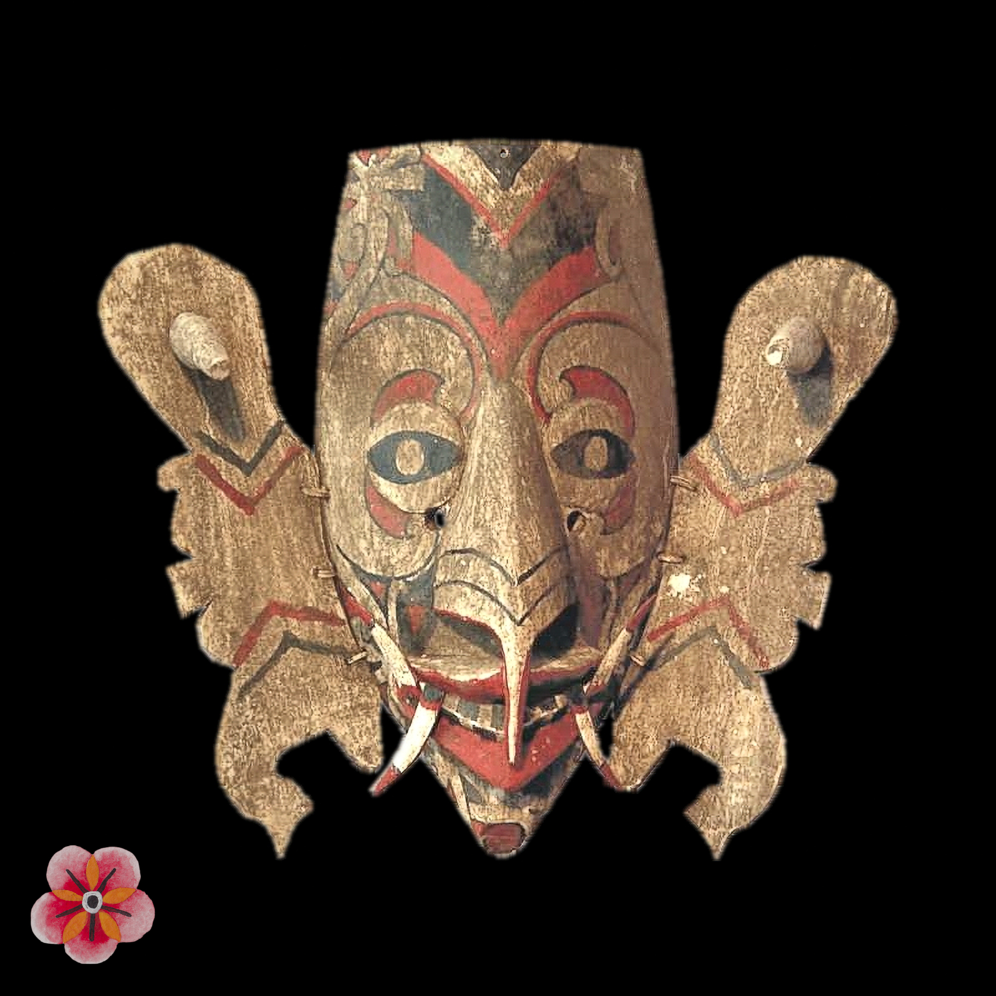 Sold hudoq mask, red-black palette with white highlights.